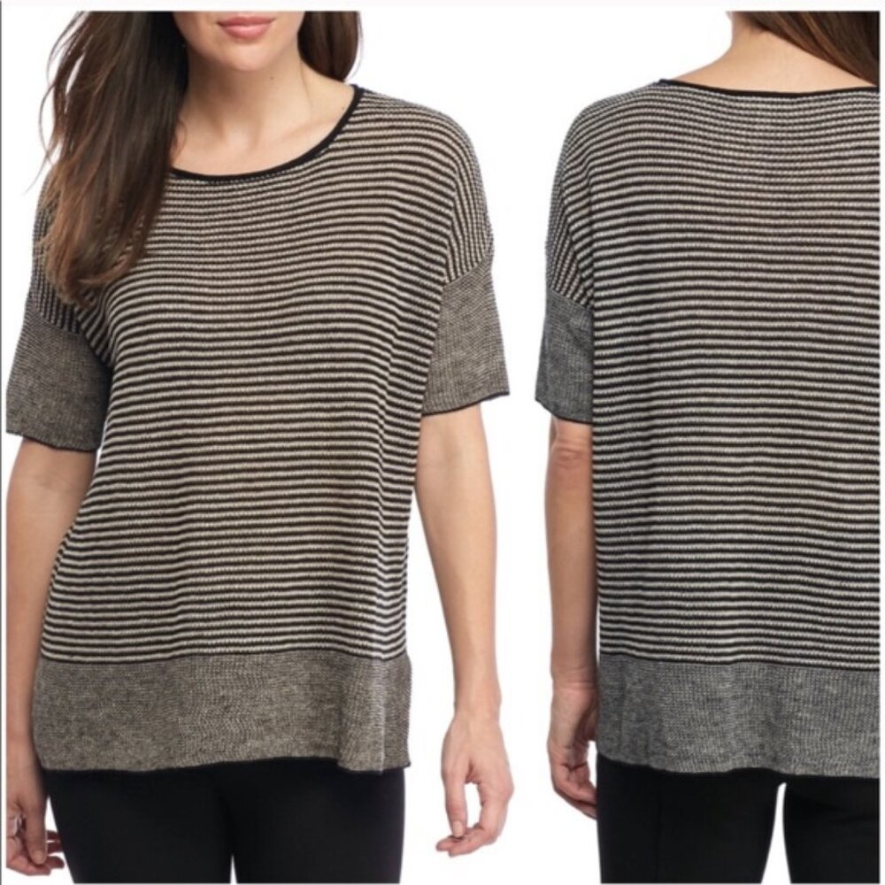 EILEEN FISHER Organic Linen Stripe Mixed Stitch Boxy Sweater Size L Black/White